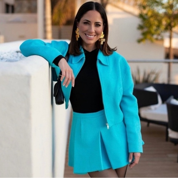 ZARA Tweed Pleated Mini Skirt Sky Blue New - Picture 6 of 12